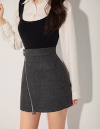 Casual Double-Zip Woolen Mini Skirt