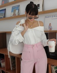 Off Shoulder Thin Strap Ruffled Hem Top