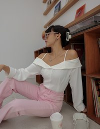 Off Shoulder Thin Strap Ruffled Hem Top