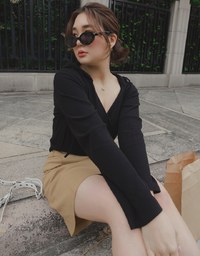 V Neck Overlap Ribbed Hoodie Top