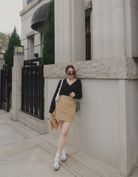 V Neck Overlap Ribbed Hoodie Top