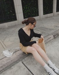 V Neck Overlap Ribbed Hoodie Top