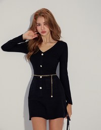 V Neck Ribbed Brushed Mini Dress (With Waist Chain)