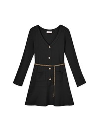 V Neck Ribbed Brushed Mini Dress (With Waist Chain)