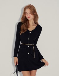 V Neck Ribbed Brushed Mini Dress (With Waist Chain)