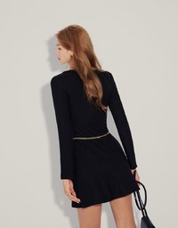 V Neck Ribbed Brushed Mini Dress (With Waist Chain)