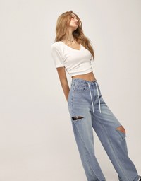 Street Drawstring Distressed Wide Pants