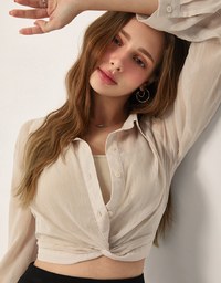 心機透膚扭結襯衫套裝