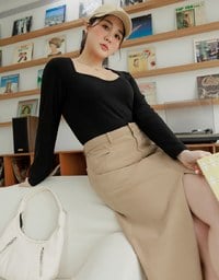 ウォッシュ加工スリットデニムロングスカート
