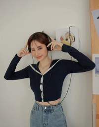 Turnover Collar Contrast Colour Ribbed Top