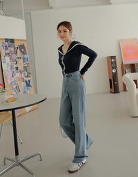 Turnover Collar Contrast Colour Ribbed Top