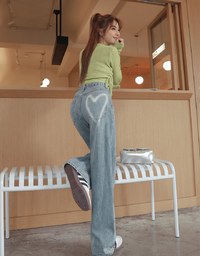 Washed Heart Denim Wide-Leg Pants