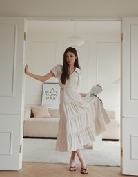 Stripe Low Back Blouse Midi Dress