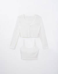 Pearl Button Knitted Fitted Cardigan With Solid Color Padded Bra Top Set Wear