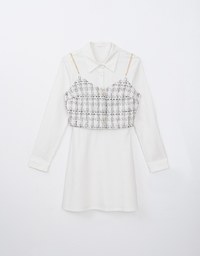 Button Up Shirt Dress with Gold Chain Tweed Cami Top