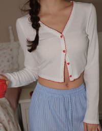 Heart Button Rib Knit Trim Top