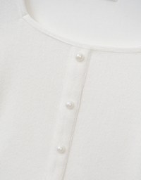 Elegant Square Neck Pearl Button Tie Back Top