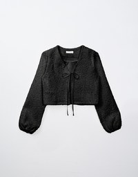 Trendy Crinkle Tie Front Cropped Cardigan