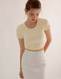 Ribbed Knit Crop Tee with Logo Heart Charm Accent