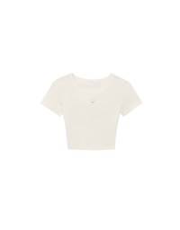 Ribbed Knit Crop Tee with Logo Heart Charm Accent