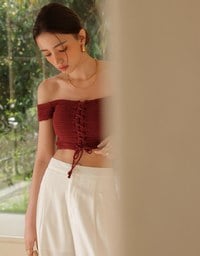 前後2WAYオフショルリボンショート丈トップス(パッド付き)