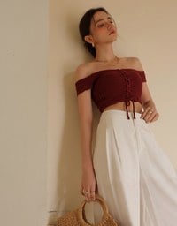 前後2WAYオフショルリボンショート丈トップス(パッド付き)