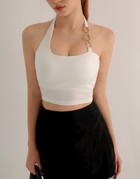 One Shoulder Ribbed Knit Padded Tank Top with Bold Chain Strap