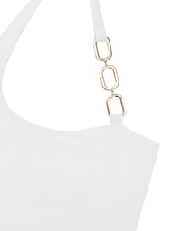 One Shoulder Ribbed Knit Padded Tank Top with Bold Chain Strap