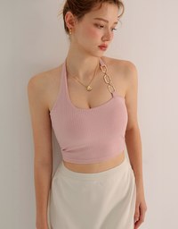 One Shoulder Ribbed Knit Padded Tank Top with Bold Chain Strap