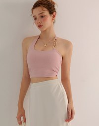 One Shoulder Ribbed Knit Padded Tank Top with Bold Chain Strap