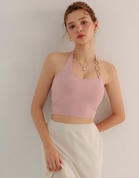 One Shoulder Ribbed Knit Padded Tank Top with Bold Chain Strap
