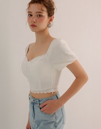2 Way Sweetheart Puff Sleeve Lace Trim Padded Crop Top