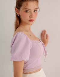 2 Way Sweetheart Puff Sleeve Lace Trim Padded Crop Top