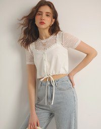 Lace Trim Buttoned Cropped Cami Top with Drawstring Hem