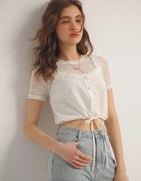 Lace Trim Buttoned Cropped Cami Top with Drawstring Hem