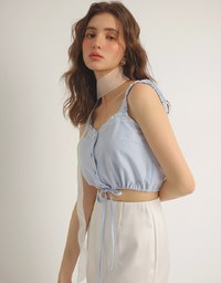 Lace Trim Buttoned Cropped Cami Top with Drawstring Hem