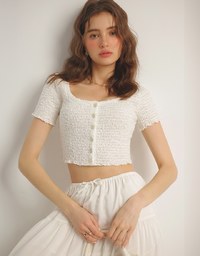Crinkled Textured Button Down Scoop Neck Cropped Top