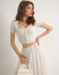 Crinkled Textured Button Down Scoop Neck Cropped Top