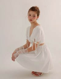Buttoned V Neck flare Mini Dress with Cut Out Waist and Puff Sleeves Detail