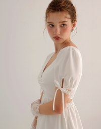 Buttoned V Neck flare Mini Dress with Cut Out Waist and Puff Sleeves Detail