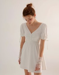 Buttoned V Neck flare Mini Dress with Cut Out Waist and Puff Sleeves Detail
