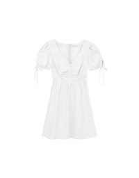 Buttoned V Neck flare Mini Dress with Cut Out Waist and Puff Sleeves Detail