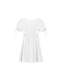Buttoned V Neck flare Mini Dress with Cut Out Waist and Puff Sleeves Detail