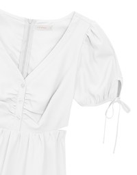 Buttoned V Neck flare Mini Dress with Cut Out Waist and Puff Sleeves Detail