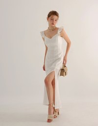 Ruffle Strap Flowy Lace Padded Maxi Dress with Side Slit Design
