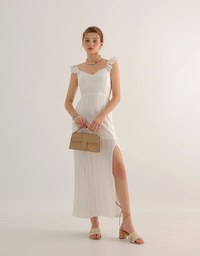 Ruffle Strap Flowy Lace Padded Maxi Dress with Side Slit Design