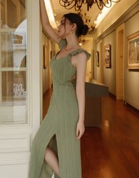 Ruffle Strap Flowy Lace Padded Maxi Dress with Side Slit Design