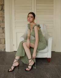 Ruffle Strap Flowy Lace Padded Maxi Dress with Side Slit Design