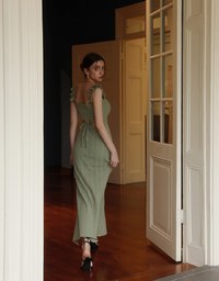 Ruffle Strap Flowy Lace Padded Maxi Dress with Side Slit Design