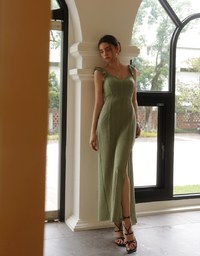 Ruffle Strap Flowy Lace Padded Maxi Dress with Side Slit Design